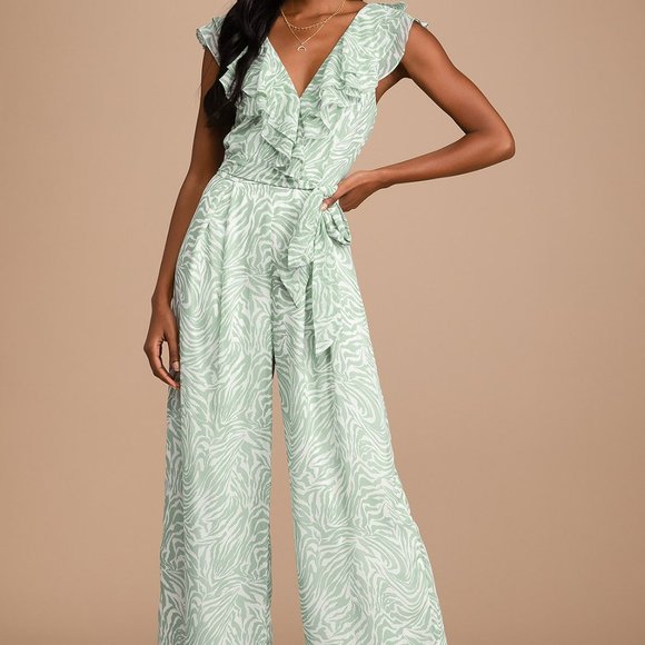 Lulus Pants - $50 ⬇️ Vacay Vibes Sage Green Animal Print Ruffled Wide-Leg Jumpsuit -Size L